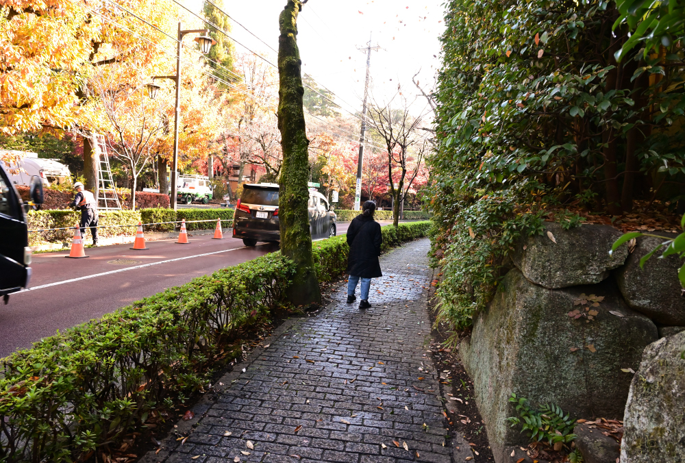 歩道を歩く秋子さん